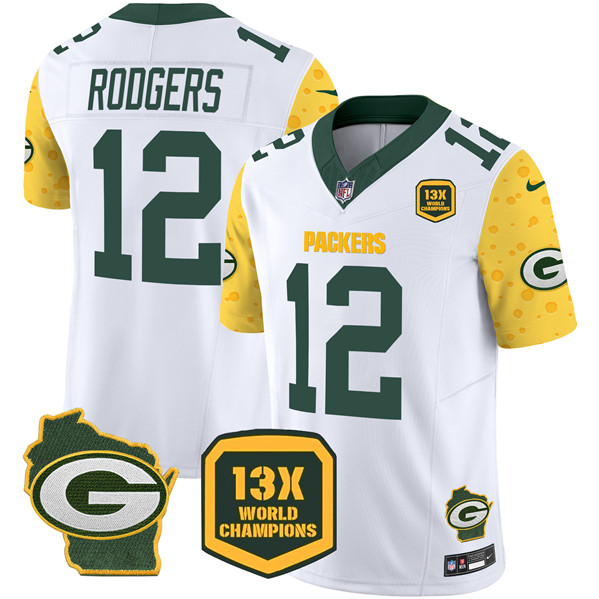 Men's Green Bay Packers #12 Aaron Rodgers Cheese White 2024 F.U.S.E. 13 Time World Champions And Home Patch Vapor Untouchable Limited Stitched Football Jersey Men's Green Bay Packers #12 Aaron Rodgers Cheese White 2024 F.U.S.E. 13 Time World Champions And Home Patch Vapor Untouchable Limited Stitched Football Jersey
